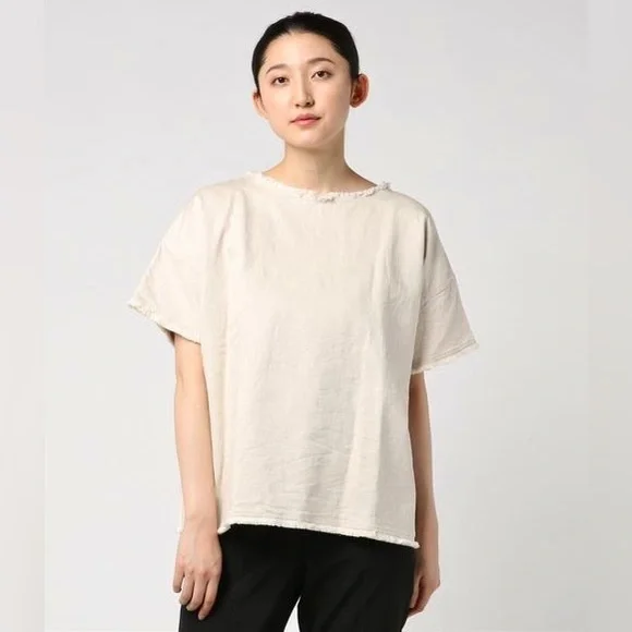45R by 45RPM Japanese Cotton Linen Denim Frayed Hem Oversized Top in Beige